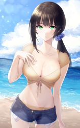 Rule 34 | 1girl, :o, absurdres, beach, bikini, bird, black hair, blurry, bokeh, breasts, cleavage, denim, denim shorts, depth of field, green eyes, hand on own chest, hand up, highres, large breasts, looking at viewer, midriff, navel, open mouth, original, oy ils, scrunchie, short shorts, shorts, side ponytail, sidelocks, sky, solo, swimsuit, waves, wet, yellow bikini