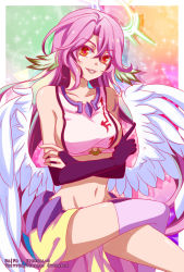 Rule 34 | 10s, 1girl, angel wings, bad id, bad pixiv id, breasts, bridal gauntlets, spiked halo, crop top, feathered wings, gloves, halo, jibril (no game no life), large breasts, long hair, low wings, magic circle, midriff, multicolored eyes, navel, no game no life, orange eyes, pink hair, purple eyes, sideboob, smile, solo, tattoo, ten-chan (eternal s), thighhighs, very long hair, white wings, wing ears, wings, yellow eyes