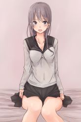Rule 34 | 1girl, absurdres, bare legs, bed sheet, black skirt, breasts, cleavage, clothes lift, commentary request, grey hair, highres, looking at viewer, original, purple eyes, rucchiifu, sailor collar, school uniform, simple background, sitting, skirt, skirt lift, solo, thighs
