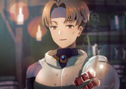 Rule 34 | 1boy, armor, book, brown eyes, brown hair, candle, denim powell, highres, jewelry, looking at viewer, male focus, miyama (lacrima01), open mouth, short hair, signature, smile, solo, sweatdrop, tactics ogre