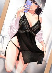 Rule 34 | 1girl, babydoll, bare legs, barefoot, black babydoll, black hair, black panties, blue eyes, blush, bottle, breasts, cellphone, cleavage, collared shirt, commentary, curtains, dojirou, dress shirt, floral print, full body, highres, holding, holding phone, indoors, kneeling, lingerie, long sleeves, medium breasts, mirror, open clothes, open shirt, original, panties, parted lips, phone, reflection, rose print, selfie, shirt, short hair, smartphone, solo, thighs, underwear, water bottle, white shirt, wooden floor