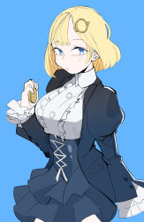 Rule 34 | 1girl, absurdres, alternate costume, blonde hair, blue background, blue eyes, breasts, center frills, corset, frilled sleeves, frills, hair ornament, highres, hololive, hololive english, juicycloney, large breasts, looking back, pocket watch, puffy sleeves, shirt, short hair, sleeves past wrists, solo, victorian, virtual youtuber, watch, watson amelia, white shirt