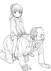 Rule 34 | 1boy, 1girl, all fours, bow, child, expressionless, facial hair, formal, hair bow, jacket, looking at viewer, monochrome, mustache, necktie, old, old man, original, ponsuke (pon00000), ponytail, riding, sitting, skirt, straddling, suit, white background