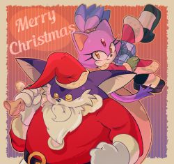 Rule 34 | 1boy, 1girl, absurdres, alternate costume, animal ears, animal nose, beard, belt, big the cat, black footwear, blaze the cat, blouse, blue fur, blush, body fur, border, box, cat boy, cat ears, cat girl, cat tail, christmas, clenched hands, closed mouth, colored sclera, english text, facial hair, fat, fat man, forehead jewel, fur-trimmed headwear, fur-trimmed pants, fur trim, furry, furry female, furry male, gem, gift, gift box, gloves, gradient background, green gloves, hair tie, hands up, happy, hat, highres, holding, holding box, holding gift, holding sack, leg up, light blush, long sleeves, looking at viewer, looking up, merry christmas, multicolored hair, mustache, orange eyes, orange outline, outside border, pants, pom pom (clothes), purple fur, purple hair, red gemstone, red headwear, red pants, red shirt, sack, santa costume, santa hat, shirt, shoes, short hair, sideways mouth, smile, sonic (series), standing, stellarspin, tail, topknot, two-tone fur, two-tone hair, upper body, white border, white fur, white gloves, yellow eyes, yellow sclera