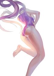 Rule 34 | 1girl, absurdres, ass, ass focus, barefoot, hand on own hip, highres, long hair, myabit, original, purple hair, simple background, solo, swimsuit, twintails, white background