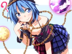 Rule 34 | 1girl, ?, bent over, blue eyes, blue hair, bracelet, breasts, chain, collar, collarbone, downblouse, hat, hecatia lapislazuli, hecatia lapislazuli (earth), hemogurobin a1c, jewelry, looking at viewer, matching hair/eyes, miniskirt, moon, multicolored clothes, multicolored skirt, nipple slip, nipples, no bra, pleated skirt, shirt, simple background, skirt, small breasts, smile, solo, touhou