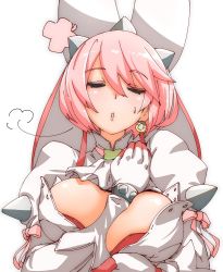 Rule 34 | 1girl, arm between breasts, bad id, bad twitter id, between breasts, blush, breasts, closed eyes, dress, elphelt valentine, flower, gloves, guilty gear, guilty gear xrd, hairband, hat, large breasts, lgori22, open mouth, pink hair, short hair, simple background, solo, spikes, sweatdrop, upper body, white background