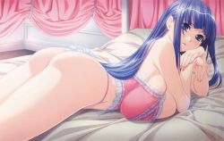 Rule 34 | 1girl, ass, bed, blue eyes, blue hair, breast press, breasts, fuutou shizune, highres, huge breasts, ino (magloid), lingerie, long hair, lying, matching hair/eyes, moire, on stomach, oshioki sweetie, scan, scan artifacts, skindentation, solo, underwear