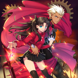 Rule 34 | 1boy, 1girl, archer (fate), between fingers, blue eyes, brown hair, da-cart, dark-skinned male, dark skin, fate/stay night, fate (series), gears, gem, holding, jewelry, necklace, skindentation, thighhighs, tohsaka rin, two side up, unlimited blade works (fate), white hair