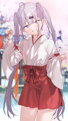 Rule 34 | 1girl, absurdres, bead bracelet, beads, blurry, blurry background, blush, bracelet, commentary request, commission, day, hair ornament, hakama, hakama skirt, highres, japanese clothes, jewelry, long hair, looking at viewer, miko, original, outdoors, paw pose, purple eyes, purple hair, ribbed sweater, ribbon trim, signature, skeb commission, skirt, solo, subachi, sweater, twintails, wide sleeves