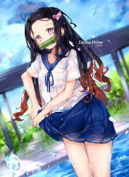 Rule 34 | 1girl, bamboo, bit gag, black hair, blue ribbon, blue sailor collar, blue skirt, blue sky, blurry, blurry background, bra visible through clothes, breasts, brown hair, cloud, cloudy sky, commentary request, dated, day, dema hmw, depth of field, forehead, gag, gradient hair, hair ribbon, highres, kamado nezuko, kimetsu no yaiba, long hair, looking at viewer, mouth hold, multicolored hair, neck ribbon, outdoors, parted bangs, pink eyes, pink ribbon, pleated skirt, ribbon, sailor collar, school uniform, see-through, serafuku, shirt, short sleeves, skirt, sky, small breasts, solo, very long hair, water, water drop, wet, wet clothes, wet shirt, white shirt, wringing clothes, wringing skirt