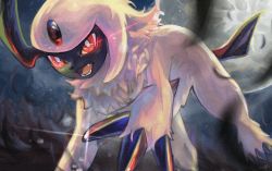 Rule 34 | absol, blurry, bright pupils, claws, commentary request, creatures (company), from below, game freak, gen 3 pokemon, glowing, glowing eyes, light trail, nintendo, no humans, open mouth, pokemon, pokemon (creature), red eyes, solo, teeth, tongue, urufin (wolf v3ewc), white fur, white pupils