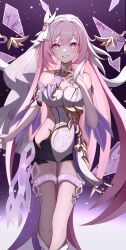 Rule 34 | 1girl, bare legs, bare shoulders, black shorts, bridal garter, brooch, clothing cutout, commentary request, crystal shard, detached sleeves, elysia (herrscher of human:ego) (honkai impact), elysia (honkai impact), hair between eyes, heart, heart brooch, highres, honkai (series), honkai impact 3rd, jewelry, kenomotsu yukuwa, long hair, looking at viewer, pink eyes, pink hair, pink pupils, purple background, shirt, short shorts, short sleeves, shorts, side cutout, smile, solo, teeth, triquetra, very long hair, white shirt, white veil