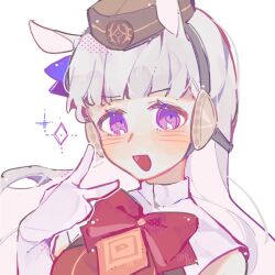 Rule 34 | 1girl, animal ears, blunt bangs, bow, bowtie, chinese commentary, collared dress, commentary request, dress, ear bow, ear ribbon, elbow gloves, eyebrows hidden by hair, gloves, gold ship (umamusume), grey hair, hat, horse ears, horse girl, long hair, looking at viewer, open mouth, pillbox hat, purple bow, purple eyes, red bow, red bowtie, red dress, solo, tishacat, umamusume, v, white background, white gloves