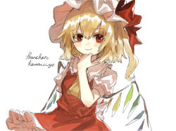 Rule 34 | 1girl, back bow, bad id, bad twitter id, blonde hair, blush, bow, commentary request, crystal, flandre scarlet, hand up, hat, hat ribbon, looking at viewer, medium hair, mob cap, puffy short sleeves, puffy sleeves, red eyes, red ribbon, red skirt, red vest, ribbon, romaji text, shirt, short sleeves, shoudoku taishi (taishi), side ponytail, simple background, skirt, smile, solo, touhou, upper body, vest, white background, white bow, white hat, white shirt, wings, yellow neckwear