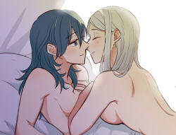 Rule 34 | 2girls, bed sheet, blue eyes, blue hair, blush, breasts, byleth (female) (fire emblem), byleth (fire emblem), closed eyes, commentary request, couple, edelgard von hresvelg, fire emblem, fire emblem: three houses, from side, hair behind ear, hair between eyes, hand on another&#039;s chest, imminent kiss, long hair, looking at another, lying, medium breasts, multiple girls, nintendo, nude, parted lips, riromomo, shadow, sidelocks, simple background, smile, upper body, white background, white hair, yuri