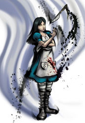 Rule 34 | 1girl, alice: madness returns, alice (alice in wonderland), alice in wonderland, alice liddell (american mcgee&#039;s alice), american mcgee&#039;s alice, american mcgee's alice, apron, artist name, black hair, blood, boots, capcom, drawfag, green eyes, highres, jewelry, knife, long hair, mario grant, necklace, omega symbol, pantyhose, parody, signature, solo, street fighter, street fighter iv (series), striped clothes, striped pantyhose, style parody