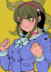 Rule 34 | 1girl, absurdres, bell, bow, bowtie, breasts, buttons, chabashira tenko, choker, clenched hands, closed mouth, danganronpa (series), danganronpa v3: killing harmony, double-breasted, green hair, green hairband, hair ribbon, hairband, hands up, highres, large breasts, long hair, long sleeves, medium breasts, mole, mole under mouth, neck bell, pink choker, pink hairband, ribbon, simple background, solo, upper body, white bow, white bowtie, white ribbon, yellow background, youko-shima