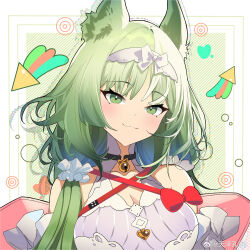 Rule 34 | 1girl, :3, animal ears, arknights, bare shoulders, bell, blush, border, bow, breasts, chinese commentary, cleavage, cleavage cutout, closed mouth, clothing cutout, collarbone, commentary request, green eyes, green hair, grey shirt, harmonie (arknights), harmonie (decoration) (arknights), head tilt, heart, highres, jingle bell, large breasts, long hair, looking at viewer, neck bell, official alternate costume, outside border, shirt, solo, tianzekongming, upper body, watermark, weibo logo, weibo watermark, white border, white bow