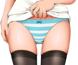 Rule 34 | 1girl, arm at side, black thighhighs, blue bow, bow, bow panties, clothes lift, dr rex, lifted by self, panties, shiny skin, shirt, shirt lift, simple background, skindentation, solo, standing, striped clothes, striped panties, thighhighs, thighs, underwear, white background, white shirt