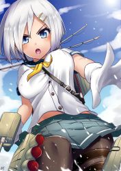 Rule 34 | 10s, 1girl, belt, between breasts, black pantyhose, blue eyes, blue skirt, blue sky, breasts, bu li, buckle, buttons, cannon, cloud, covered erect nipples, day, dress shirt, hair ornament, hairclip, hamakaze (kancolle), holding, kantai collection, large breasts, looking at viewer, machinery, outdoors, outstretched arm, pantyhose, pleated skirt, school uniform, serafuku, shirt, short hair, short sleeves, signature, skirt, sky, solo, string, thigh strap, turret, water, weapon, white background, white hair, white shirt
