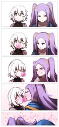 Rule 34 | 2girls, 5koma, :p, :t, absurdres, bad id, bad twitter id, bare shoulders, black shirt, blowing bubbles, chewing gum, chinese clothes, closed mouth, collarbone, comic, commentary request, eye contact, facial scar, fate/grand order, fate (series), finger to mouth, forehead, green eyes, hair between eyes, hair ornament, hair scrunchie, hanfu, heart, highres, jack the ripper (fate/apocrypha), looking at another, multiple girls, parted bangs, parted lips, pink hair, purple hair, scar, scar across eye, scar on cheek, scar on face, scrunchie, shirt, shoulder grab, shoulder tattoo, silent comic, silver hair, sleeveless, sleeveless shirt, smile, surprised, tattoo, tongue, tongue out, wada kazu, wavy mouth, wu zetian (fate), yellow scrunchie, yuri