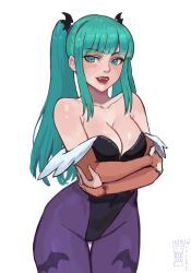 Rule 34 | 1girl, absurdres, alternate hairstyle, animal print, aqua eyes, bat print, breasts, cleavage, covered navel, darkstalkers, fangs, highres, large breasts, leotard, morrigan aensland, off-shoulder leotard, open mouth, pantyhose, print pantyhose, purple pantyhose, purple wings, red pupils, sidelocks, smile, solo, tongue, twintails, watcher hollow, wings