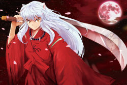 Rule 34 | 2boys, age difference, animal ears, bad id, bad pixiv id, beads, bishounen, brothers, cherry blossoms, claws, cloud, cowboy shot, crescent, dog ears, eyeshadow, facial mark, fangs, forehead mark, frown, full moon, glint, huge weapon, inuyasha, inuyasha (character), japanese clothes, jewelry, kimono, long hair, long sleeves, looking at viewer, makeup, male focus, moon, multiple boys, necklace, night, night sky, orange eyes, outdoors, over shoulder, petals, red moon, reflection, ribbon, ribbon-trimmed sleeves, ribbon trim, sash, sesshoumaru, siblings, sky, smirk, solo focus, standing, sword, tessaiga, tooth necklace, very long hair, weapon, weapon over shoulder, white hair, yellow eyes, zkxandy