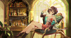 Rule 34 | 1girl, absurdres, alcohol, ankle boots, armchair, bar (place), black coat, black footwear, black hair, black panties, boots, bottle, breasts, chair, champagne, champagne flute, character name, chongchongchongchongchong, chromatic aberration, closed mouth, coat, counter, crossed legs, cum, cum on hair, cup, curly hair, dress, drinking glass, feather dress, foot out of frame, hairband, hand up, highres, holding, holding cup, indoors, jewelry, looking at viewer, necklace, panties, red dress, red eyes, reverse:1999, round table, schneider (reverse:1999), shelf, short dress, short hair, sitting, small breasts, smile, solo, table, underwear, whiskey, white hairband, window, wine bottle