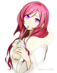 Rule 34 | 10s, 1girl, alternate hairstyle, borrowed character, buttons, coat, coffee, cup, disposable cup, drinking straw, fur collar, fur trim, hair over shoulder, holding, holding cup, iced coffee, lips, looking at viewer, love live!, love live! school idol project, nishikino maki, original, parted lips, pink hair, poaro, purple eyes, drinking, solo, twitter username, upper body