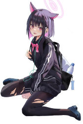Rule 34 | 1girl, absurdres, animal ears, backpack, bag, between legs, black footwear, black hair, black pantyhose, black shirt, blue archive, bottle, bow, bowtie, chinese commentary, closed mouth, colored inner hair, commentary, duzizai, flats, halo, hand between legs, highres, holding strap, kazusa (blue archive), long sleeves, looking at viewer, multicolored hair, pantyhose, pink bow, pink bowtie, pink eyes, pink hair, school uniform, shirt, short hair, simple background, sitting, skirt, solo, two-tone hair, wariza, water bottle, white background, white skirt