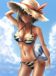Rule 34 | absurdres, alternate costume, animal print, arm up, armpits, ball, beach, beachball, bikini, blush, breasts, cleavage, closed mouth, collarbone, cowboy shot, day, expressionless, eyepatch, green eyes, green hair, groin, hair between eyes, halterneck, hand on headwear, hat, highres, holding, holding ball, holding beachball, kantai collection, kiso (kancolle), kokuzou, large breasts, looking at viewer, navel, ocean, outdoors, see-through, short hair, side-tie bikini bottom, sidelocks, skindentation, solo, stomach, sun hat, sweat, swimsuit, thighs, tiger print, transparent