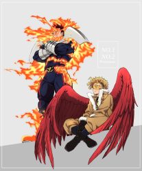 Rule 34 | 2boys, armor, blonde hair, blue bodysuit, bodysuit, boku no hero academia, boots, bulge, covered abs, crossed arms, endeavor (boku no hero academia), facial hair, feathered wings, fire, hawks (boku no hero academia), highres, male focus, mature male, multiple boys, muscular, muscular male, pauldrons, popo take, red hair, red wings, scar, scar across eye, scar on face, short hair, shoulder armor, sideburns, sitting, spiked hair, standing, stubble, thick thighs, thighs, vambraces, wings