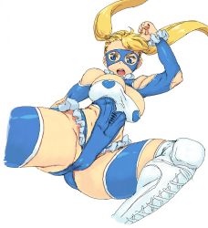 Rule 34 | 1girl, blonde hair, blue eyes, blue leotard, breasts, clothing cutout, large breasts, leotard, long hair, mask, open mouth, rainbow mika, shoulder cutout, simple background, solo, street fighter, street fighter zero (series), tsukudani (coke-buta), twintails, white background, wrestling outfit