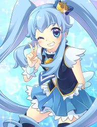 Rule 34 | 10s, 1girl, blue background, blue eyes, blue hair, blue skirt, blue theme, blue thighhighs, brooch, crown, cure princess, earrings, eyelashes, grin, happinesscharge precure!, happy, heart, heart brooch, jewelry, kuune rin, long hair, looking at viewer, magical girl, matching hair/eyes, one eye closed, precure, shirayuki hime, shirt, skirt, smile, solo, thighhighs, thighs, twintails, v, wink, wrist cuffs, zettai ryouiki