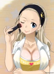 Rule 34 | 1girl, blonde hair, blue eyes, breasts, cleavage, colorized, earrings, eden&#039;s zero, gaston18, highres, jewelry, large breasts, long hair, looking at viewer, makeup, makeup brush, mashima hiro, rebecca bluegarden, shirt, smile, solo, upper body, white shirt