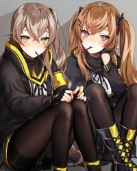 Rule 34 | black pantyhose, blush, boots, breasts, brown eyes, brown hair, cross-laced footwear, fingerless gloves, food, girls&#039; frontline, gloves, gun, hair between eyes, hair ornament, hairclip, hand on own cheek, hand on own face, hands on own knees, jacket, kinsenka momi, lace-up boots, long hair, looking at viewer, multiple girls, one side up, pantyhose, pocky, pocky kiss, ribbon, scar, scar across eye, scar on face, shared food, shirt, sitting, skirt, smile, thighband pantyhose, twintails, ump45 (girls&#039; frontline), ump9 (girls&#039; frontline), weapon, white shirt, yellow eyes