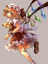 1girl ascot blonde_hair dress female_focus flandre_scarlet grey_background hat hat_ribbon highres looking_at_viewer looking_back mob_cap namuko puffy_short_sleeves puffy_sleeves red_dress red_eyes ribbon sash shirt short_sleeves side_ponytail solo standing standing_on_one_leg touhou wings wrist_cuffs