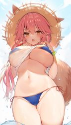 Rule 34 | 1girl, :o, animal ears, backlighting, bikini, bikini under clothes, blue bikini, blue sky, blush, breasts, brown eyes, brown headwear, clothes lift, cowboy shot, day, ears through headwear, fang, fate/grand order, fate (series), food, fox ears, fox girl, fox tail, from below, fruit, groin, highres, large breasts, lifted by self, long hair, looking at viewer, looking down, muryotaro, navel, open mouth, orange ribbon, outdoors, pink hair, revision, ribbon, see-through, shirt, shirt lift, side-tie bikini bottom, skin fang, sky, solo, stomach, strawberry, sunlight, swimsuit, tail, tamamo (fate), tamamo no mae (fate/extra), tamamo no mae (swimsuit lancer) (fate), thigh gap, thighs, underboob, very long hair, wet, wet clothes, wet shirt, white shirt