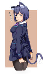 Rule 34 | 1girl, alp, animal ears, black pantyhose, blazer, blue hair, blush, cat ears, cat tail, closed mouth, cowboy shot, cropped legs, from side, highres, jacket, long sleeves, looking at viewer, looking back, miniskirt, nijisanji, pantyhose, pleated skirt, school uniform, shizuka rin, short hair, skirt, solo, tail, thighs, virtual youtuber, yellow eyes