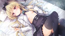 Rule 34 | 1girl, arifureta shokugyou de sekai saikyou, bed, black bow, black skirt, black thighhighs, blonde hair, blush, bow, breasts, end card, female focus, from above, hair bow, hisama kumako, long hair, looking at viewer, no bra, official art, on bed, open clothes, open shirt, parted lips, pillow, red eyes, shiny skin, skirt, small breasts, solo, tagme, thighhighs, unbuttoned, unbuttoned shirt, yue (arifureta)
