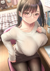 Rule 34 | 1girl, bed, bedroom, black hair, black pantyhose, blue hair, blush, book, breast rest, breasts, brown eyes, brown hair, brown skirt, calendar (object), chair, closed mouth, coffee mug, collarbone, colored inner hair, covered erect nipples, cup, glasses, highres, holding, holding pencil, indoors, kase daiki, large breasts, long hair, long sleeves, looking at viewer, mechanical pencil, miniskirt, mug, multicolored hair, notebook, on chair, original, pantyhose, pencil, pencil skirt, sitting, skirt, sleeves past wrists, solo, stuffed toy, sweat, sweater, sweater tucked in, table, thighs, wooden floor, wooden table, yellow eyes