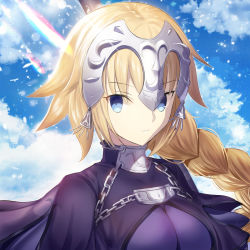 Rule 34 | 1girl, bad id, bad pixiv id, blonde hair, blue eyes, braid, breasts, breasts apart, cloud, cloudy sky, day, fate (series), highres, jeanne d&#039;arc (fate), jeanne d&#039;arc (ruler) (fate), long hair, looking at viewer, medium breasts, outdoors, parted lips, portrait, single braid, sky, solo, ttaji (pass35)