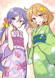 Rule 34 | 2girls, :d, absurdres, akebono (kancolle), animal, animal on shoulder, animal print, bandaid, bandaid on cheek, bandaid on face, bell, blush, brown eyes, brown hair, closed mouth, commentary request, crab, fang, fish print, flower, goldfish print, green kimono, hair bell, hair between eyes, hair flower, hair ornament, hand up, highres, ichi (ichi.colors), japanese clothes, jingle bell, kantai collection, kimono, long hair, looking at viewer, multiple girls, obi, oboro (kancolle), open mouth, pink flower, print kimono, purple eyes, purple hair, purple kimono, ruffling hair, sash, side ponytail, signature, smile, very long hair, yellow flower