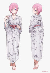 Rule 34 | 1girl, absurdres, alternate costume, artist name, ass, barefoot, breasts, cherry blossom print, cleavage, closed mouth, collarbone, commentary, commentary request, english commentary, eyelashes, feet, floral print, from behind, full body, go-toubun no hanayome, grey background, grey kimono, hand up, heel up, highres, japanese clothes, kimono, large breasts, looking back, mixed-language commentary, multiple views, nakano ichika, one eye closed, pink hair, print kimono, purple eyes, red sash, sash, short hair, simple background, soles, sooon, standing, toes, yukata