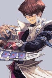 Rule 34 | 1boy, blue eyes, brown hair, card, deck, deck of cards, duel disk, grin, hungry clicker, kaiba seto, male focus, simple background, smile, solo, strap, upper body, yu-gi-oh!, yu-gi-oh! duel monsters
