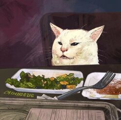 Rule 34 | animal, artist name, cat, catwheezie, food, fork, meme, no humans, original, salad, watermark, woman yelling at cat (meme)