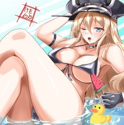 Rule 34 | 1girl, artist logo, bikini, bismarck (kancolle), black bikini, black gloves, black hat, blonde hair, blue eyes, breasts, commentary request, food, front-tie top, gloves, hat, highres, kantai collection, kentan (kingtaiki), large breasts, long hair, looking at viewer, one-hour drawing challenge, one eye closed, peaked cap, popsicle, rubber duck, solo, swimsuit, watermelon bar