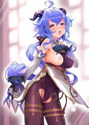 Rule 34 | 1girl, ahoge, bare shoulders, bell, bitou (bitoumaturi), black leotard, black pantyhose, blue gloves, blue hair, blush, bodystocking, bodysuit, breasts, breasts out, cameltoe, clothes lift, clothes pull, cover, cover page, cowboy shot, detached sleeves, doujin cover, ganyu (genshin impact), genshin impact, gloves, gold trim, groin, hand on own chest, highres, horns, leotard, leotard under clothes, lifting own clothes, long hair, looking at viewer, medium breasts, neck bell, nipples, open mouth, pantyhose, purple eyes, pussy juice, saliva, sidelocks, solo, standing, steaming body, tassel, thighlet, thighs, tongue, tongue out, torn clothes, torn pantyhose, waist cape, wet, white sleeves, window