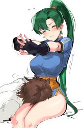 Rule 34 | 1boy, 1girl, black gloves, blush, breasts, brown hair, closed eyes, closed mouth, commentary request, earrings, fingerless gloves, fire emblem, fire emblem: the blazing blade, gloves, green hair, highres, interlocked fingers, jewelry, lap pillow, large breasts, lips, long hair, lyn (fire emblem), mark (fire emblem: the blazing blade), nintendo, ormille, ponytail, shiny skin, shirt, short hair, short sleeves, simple background, sitting, smile, stretching, thighs, white background, white shirt